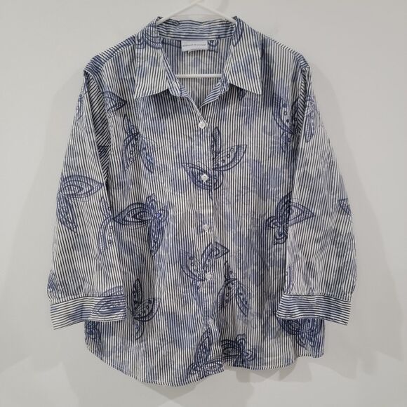 Alfred Dunner Womens Button Up Top Size XXL Striped Butterflies Sequin - Picture 1 of 7